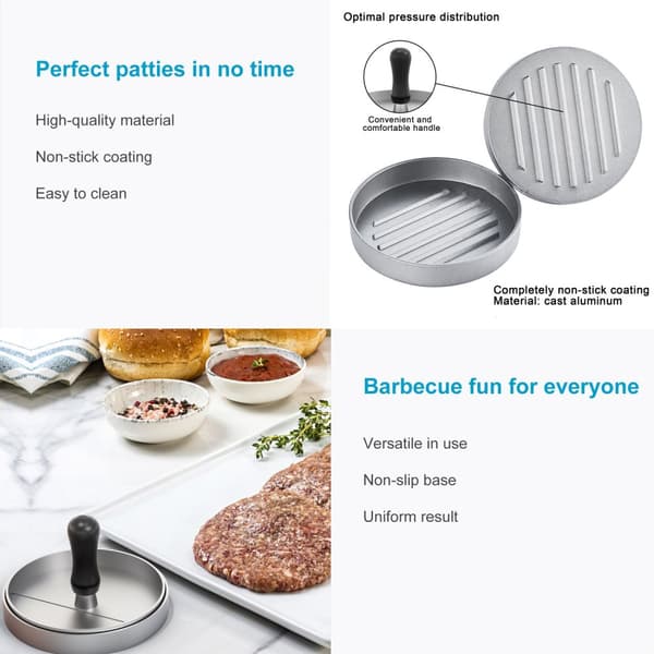 Hamburgerpresse i grått med 11,5 cm diameter - for grilling, camping, hjemmebruk og caterin