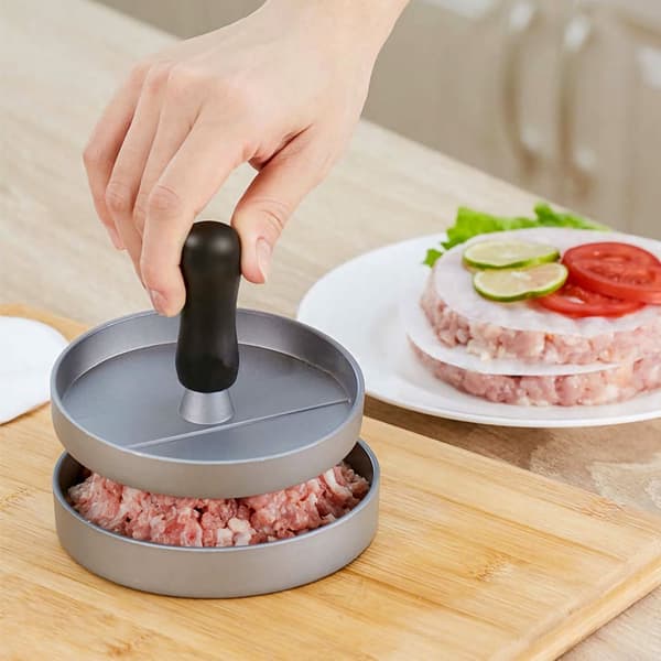 Hamburgerpresse i grått med 11,5 cm diameter - for grilling, camping, hjemmebruk og caterin