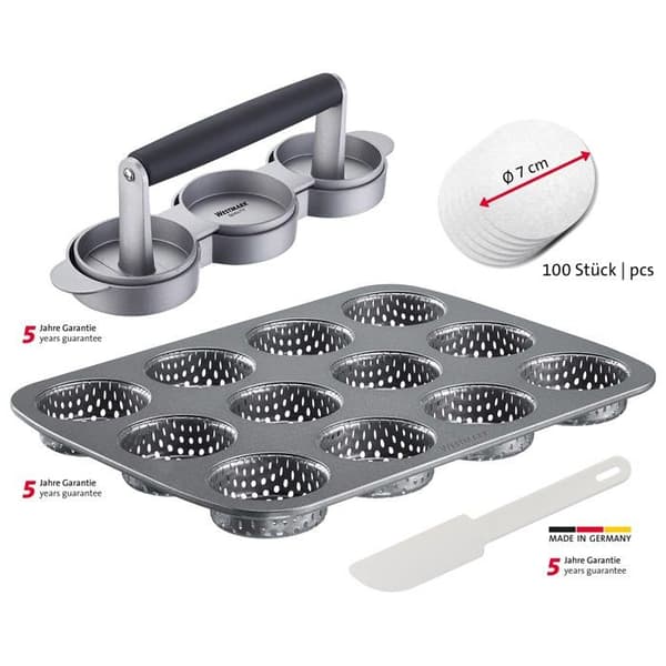 Hamburgerpress - Westmark färspress - 622322E7 - Miniset med 4 hamburgertillbehör i aluminium