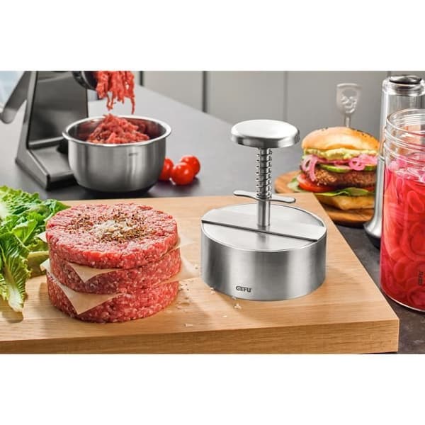 Professionell hamburgerpress - GEFU - PATTI - Intern gradering - Ergonomisk tryckare - Rostfritt stål