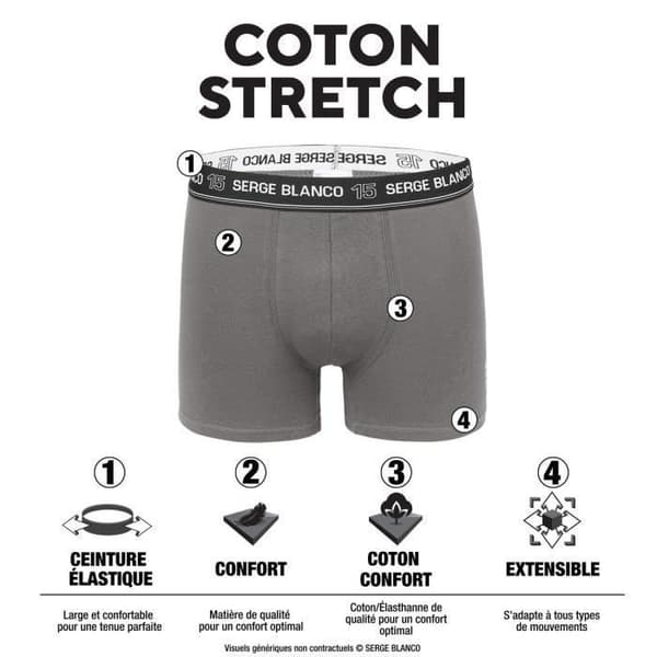 Boxer för män - SERGE BLANCO - Paket med 4 - Komfort Stretch - Svart - Bomull 95% Elastan 5%