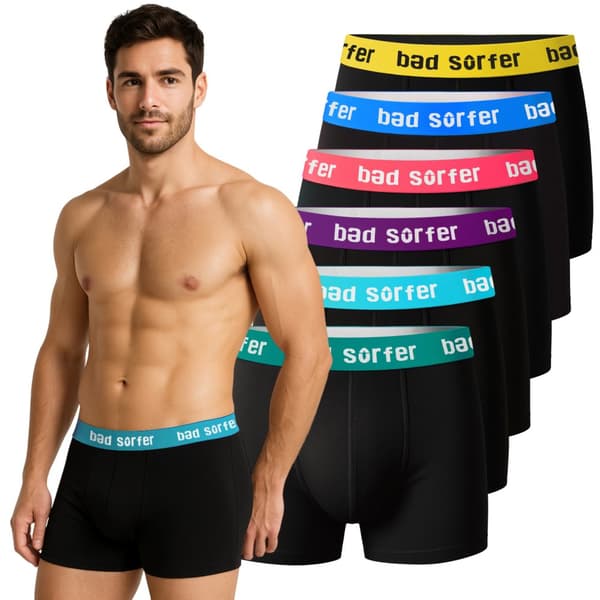 Bad Surfer herrboxershorts – 6-pack, bomull, färgmix Svart XXL