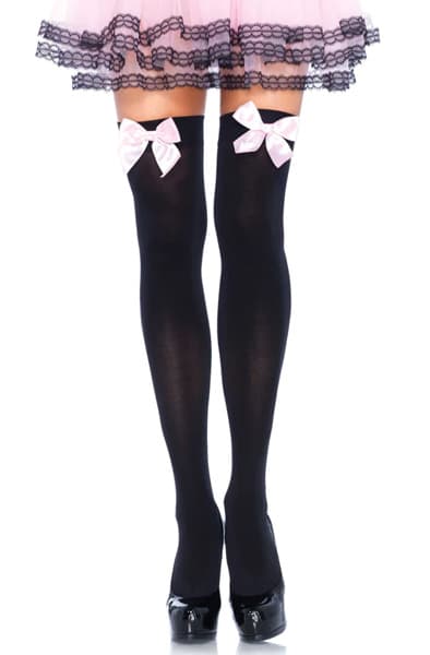 Nylon Thigh Highs With Bow Black/Pink Onesize