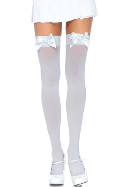Nylon Thigh Highs With Bow White Stay-ups Onesize