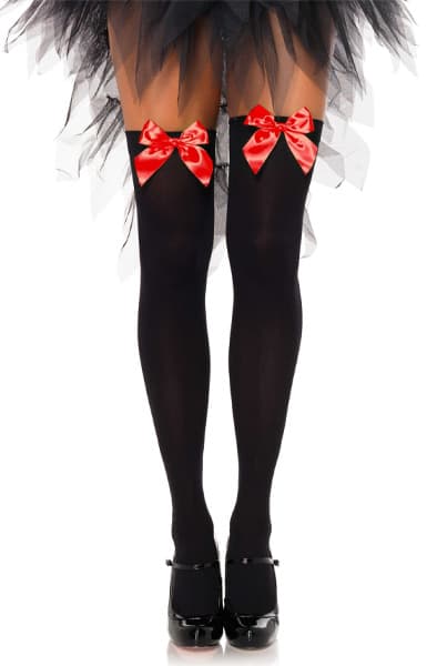 Nylon Thigh Highs With Bow Black/Red Strømpebukser
