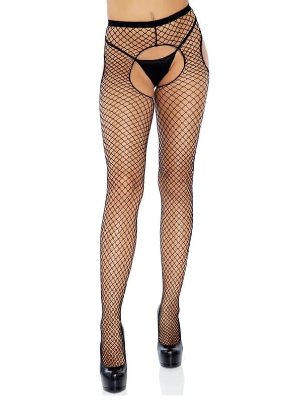 Crotchless Fishnet Suspender Pantyhose Black Verkkosukkahousut Onesize