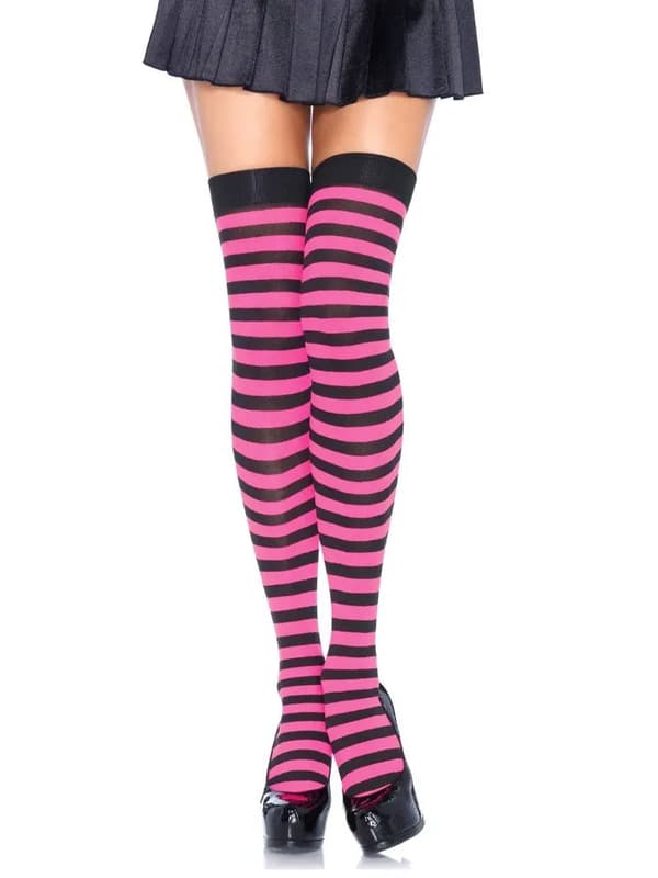 Striped Nylon Thigh Highs Black/Neon Pink Stay-ups