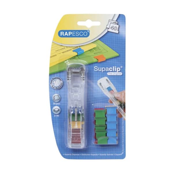 Supaclip® 40 transparent dispenser med 25 flerfärgade klämmor
