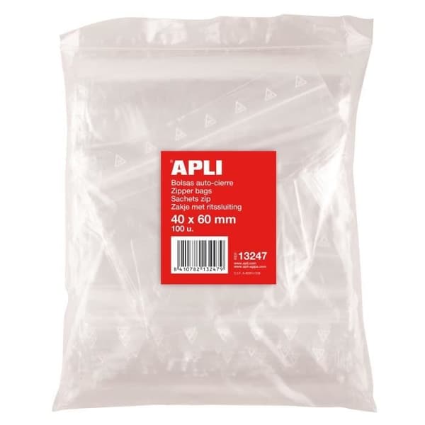 Återförslutningsbara plastpåsar 40 x 60 mm - APLI - Pack 100 - Material: PE 50µ