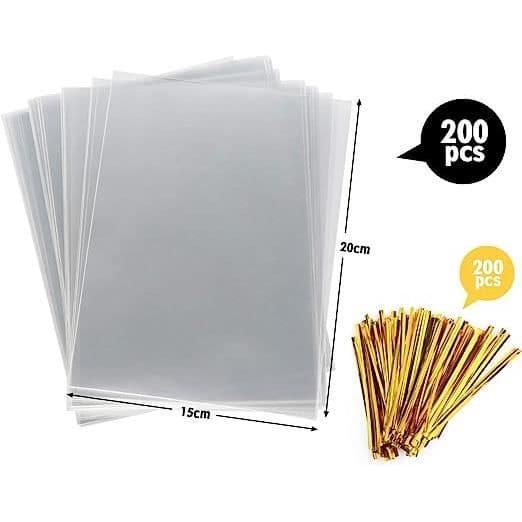 200 st plastpåsar 15*20 cm och 200 st guld buntband för godischoklad små presenter