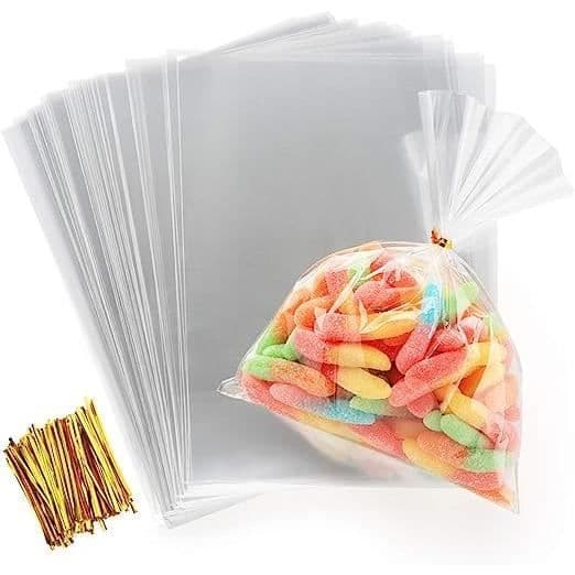 200 st plastpåsar 15*20 cm och 200 st guld buntband för godischoklad små presenter