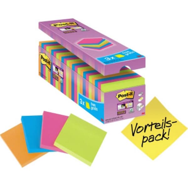 Post-it Notislapp, häftande 654SE24P 76 mm x 76 mm Neonorange, Neongrön, Ultrarosa, Ultrablå 2160 ark