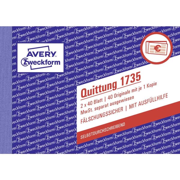 Avery-Zweckform 1735 Kvitto, formulär DIN A6 tvären Antal ark: 40 Vit 80 ark