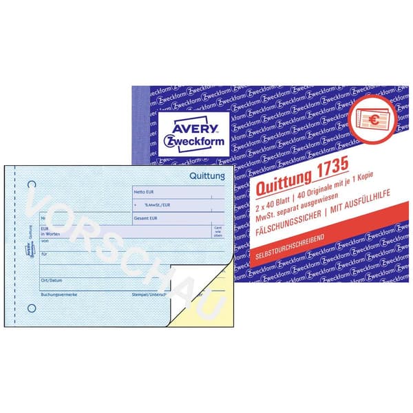 Avery-Zweckform 1735 Kvitto, formulär DIN A6 tvären Antal ark: 40 Vit 80 ark