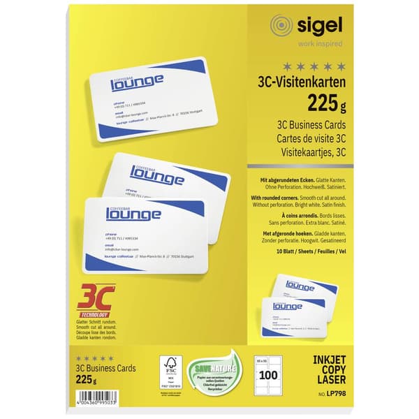Sigel LP798 Utskrivbara visitkort, släta kanter 85 x 55 mm Blankvit 100 st Pappersformat: DIN A4
