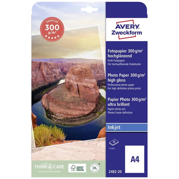 Avery-Zweckform Premium Inkjet Photo Paper high gloss 2482-20 Fotopapper DIN A4 300 G/m² 15 ark Högglans