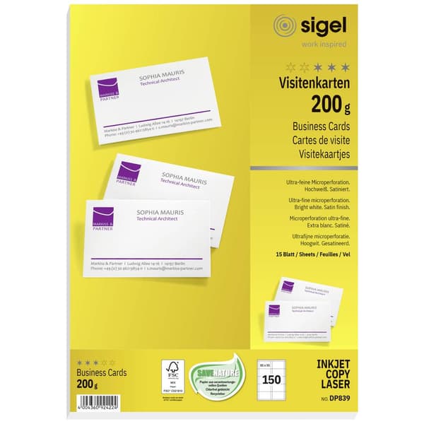 Sigel DP839 Utskrivbara visitkort, mikroperforerade 85 x 55 mm Blankvit 150 st Pappersformat: DIN A4
