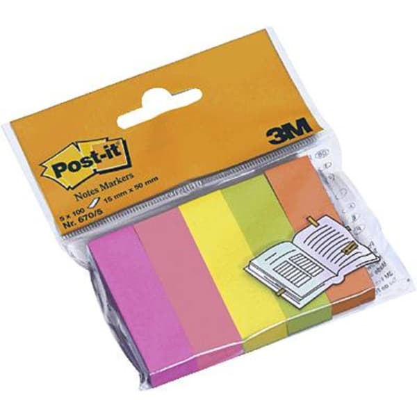 Post-it Notislapp, häftande 670-5 15 mm x 50 mm Neongul, Neonrosa, Neongrön, Neonorange, Neonviolett 500 ark