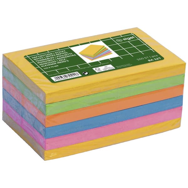 Sigel Notislapp, häftande BA127 125 mm x 75 mm Blå, Gul, Grön, Orange, Rosa 600 ark