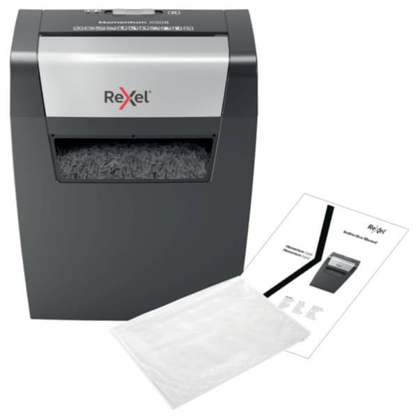 Rexel Momentum X308 Dokumentförstörare 8 ark Partikelsnitt 5 x 42 mm P-3 15 l Strimlar också Häftklamrar, Gem