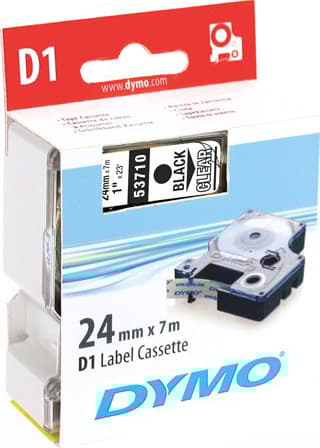 DYMO D1 märktejp standard 24mm, svart på transparent, 7m rulle (5371