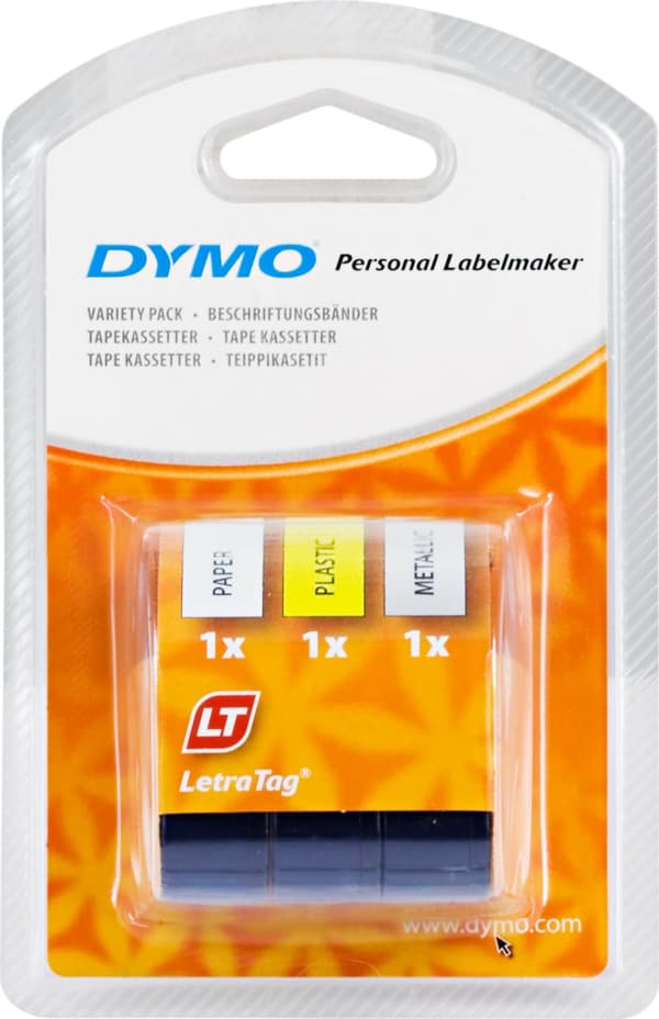 LetraTAG plastic tape, 3-pack yellow/silver/white, 12mm, 4m