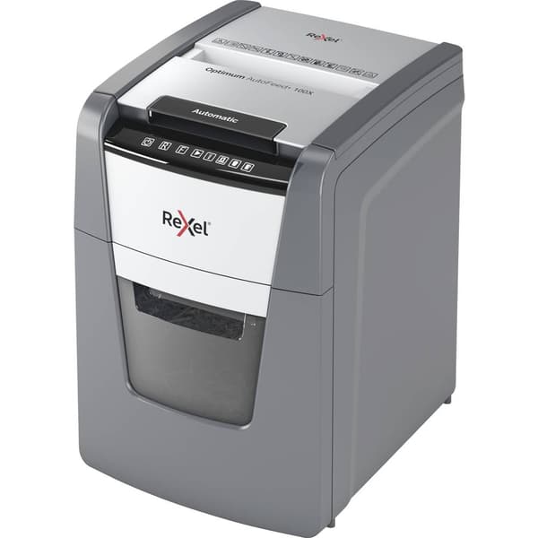 Rexel Optimum AutoFeed+ 100X Dokumentförstörare 100 ark Partikelsnitt 4 x 28 mm P-4 34 l Strimlar också Gem, Häftklamra
