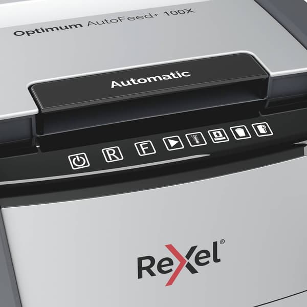 Rexel Optimum AutoFeed+ 100X Dokumentförstörare 100 ark Partikelsnitt 4 x 28 mm P-4 34 l Strimlar också Gem, Häftklamra