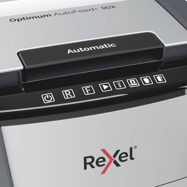 Rexel Optimum AutoFeed+ 90X Dokumentförstörare 90 ark Mikrosnitt 4 x 28 mm P-4 34 l Strimlar också Gem, Häftklamrar, Kr