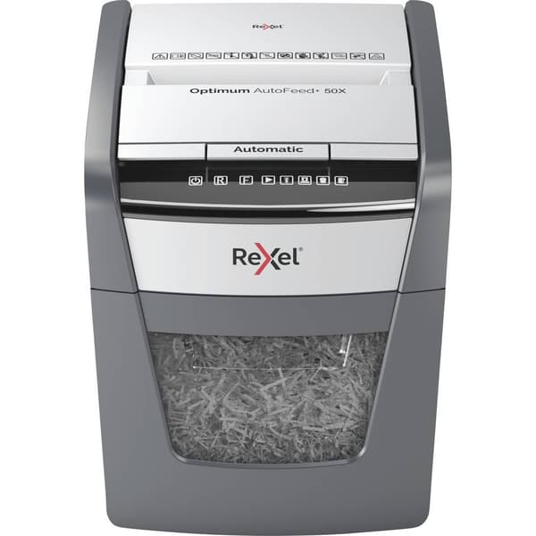 Rexel Optimum AutoFeed+ 50X Dokumentförstörare 50 ark Partikelsnitt 4 x 28 mm P-4 20 l Strimlar också Gem, Häftklamrar,