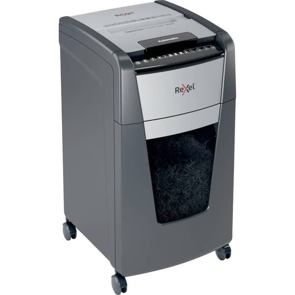 Rexel Optimum AutoFeed+ 300X Dokumentförstörare 300 ark Partikelsnitt 4 x 25 mm P-4 60 l Strimlar också Gem, Häftklamra