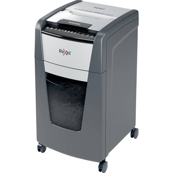 Rexel Optimum AutoFeed+ 300X Dokumentförstörare 300 ark Partikelsnitt 4 x 25 mm P-4 60 l Strimlar också Gem, Häftklamra