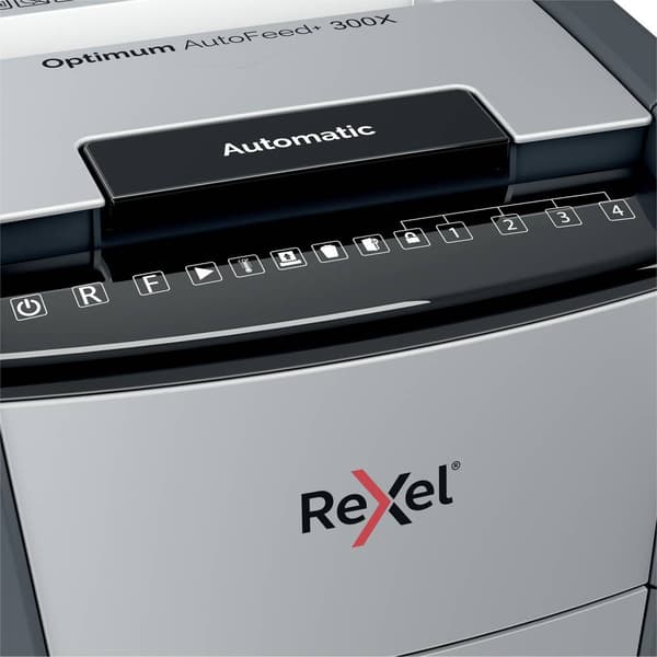 Rexel Optimum AutoFeed+ 300X Dokumentförstörare 300 ark Partikelsnitt 4 x 25 mm P-4 60 l Strimlar också Gem, Häftklamra
