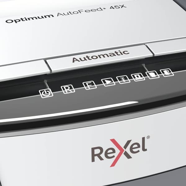Rexel Optimum AutoFeed 45X Dokumentförstörare 45 ark Mikrosnitt 4 x 28 mm P-4 20 l Strimlar också Gem, Häftklamrar, Kre