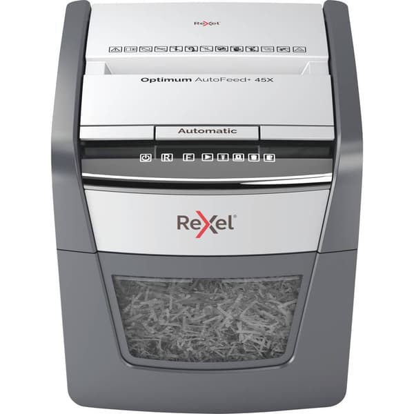 Rexel Optimum AutoFeed 45X Dokumentförstörare 45 ark Mikrosnitt 4 x 28 mm P-4 20 l Strimlar också Gem, Häftklamrar, Kre