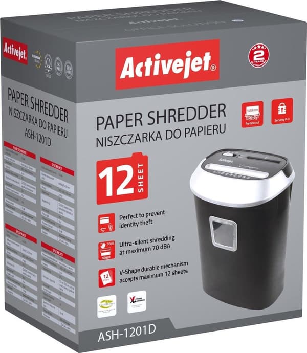 Activejet ASH-1201D papir- og dokumentmakulator, sort, sølv