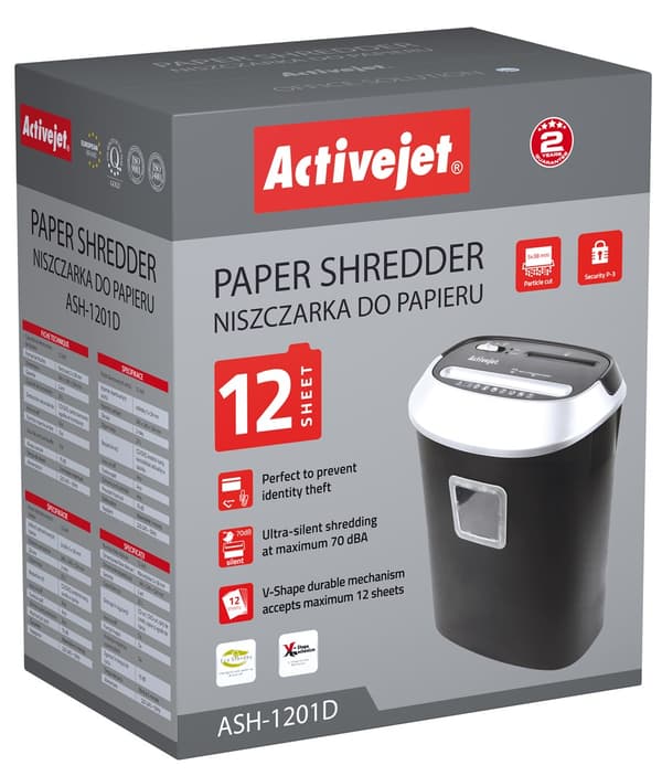 Activejet ASH-1201D paperi- ja asiakirjasilppuri, musta, hopea