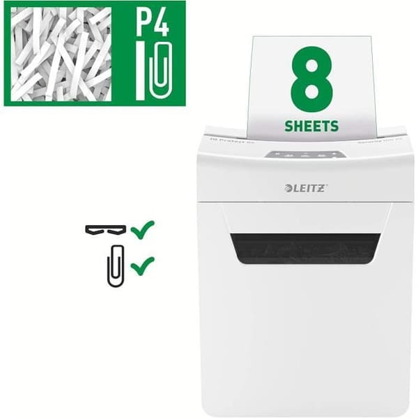 Dokumentförstörare - LEITZ - IQ Protect 8X - P4 Cross Cut - 8 ark - 14 liter - Vit