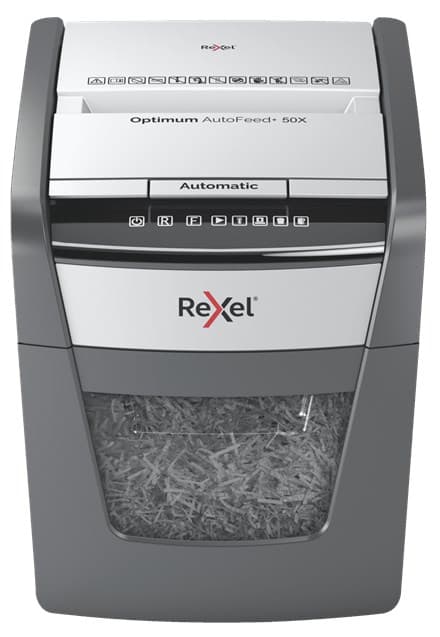 Rexel Optimum AutoFeed+ 50X trituradora de papel Trituración cruzada 55 dB 22 cm Negro, Gris