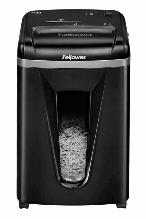 FELLOWES skartovač 450 M/ křížový mikrořez 2x12 mm/ objem koše 22 l/ stupeň utajení P-5 (tajné)/ černý