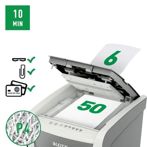 Dokumentförstörare - Leitz - IQ Autofeed Litet Kontor - 50 ark - Korsklipp P4 - Svart/Vit