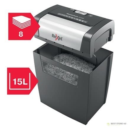 Rexel Momentum X308 dokumentförstörare, 8 ark, P-3, 15 liters korg, svart