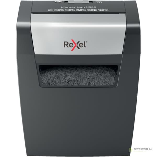 Rexel Momentum X308 dokumentförstörare, 8 ark, P-3, 15 liters korg, svart