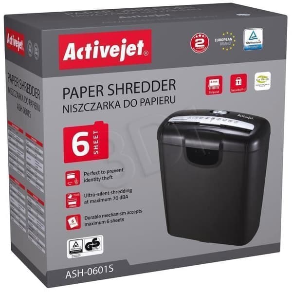 Dokumentförstörare - ACTIVE JET - ASH-0601S - P-2 - 6 ark - 10 liter - Svart