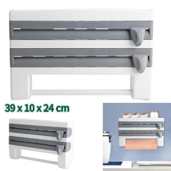 Väggmonterad pappersrulle - Grå stöd för papper, film och aluminiumfolie - Lätt att skära - ABS - 39 x 10 x 24 cm