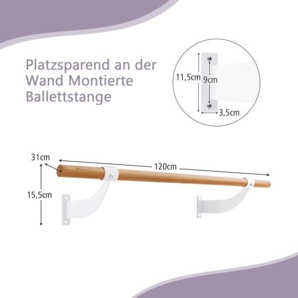 120 cm lang ballettstang i tre inkludert veggavstand veggmontert dansebar naturlig