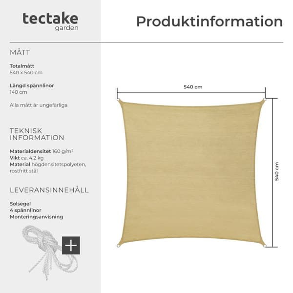 Solsegel i polyeten kvadratiskt, beige - 540 x 540 cm