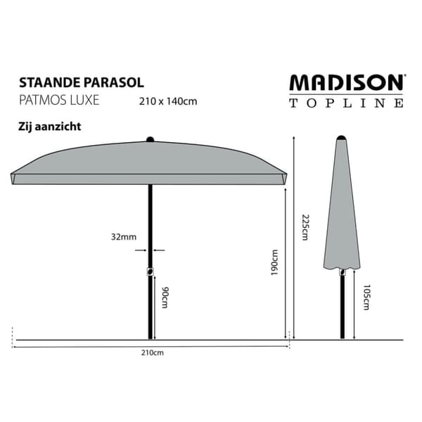 Madison Puutarha-aurinkovarjo Patmos Luxe suorakaide 210x140 cm harmaa