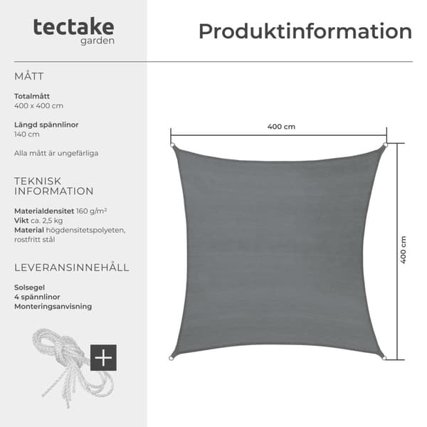 Solsegel i polyeten kvadratiskt, grå - 400 x 400 cm