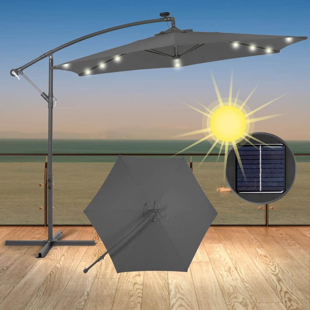 ECD-Germany aluminium parasoll Antracit Ø 300 cm med LED sol belysning, handtag och stativ, vattenavvisande, UV-skydd, vikbar, paraply marknad